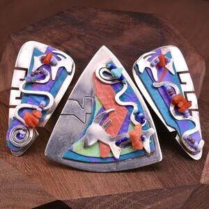 Artisan Western Mountain Goat Abstract Modernist Sterling Brooch Earrings Set